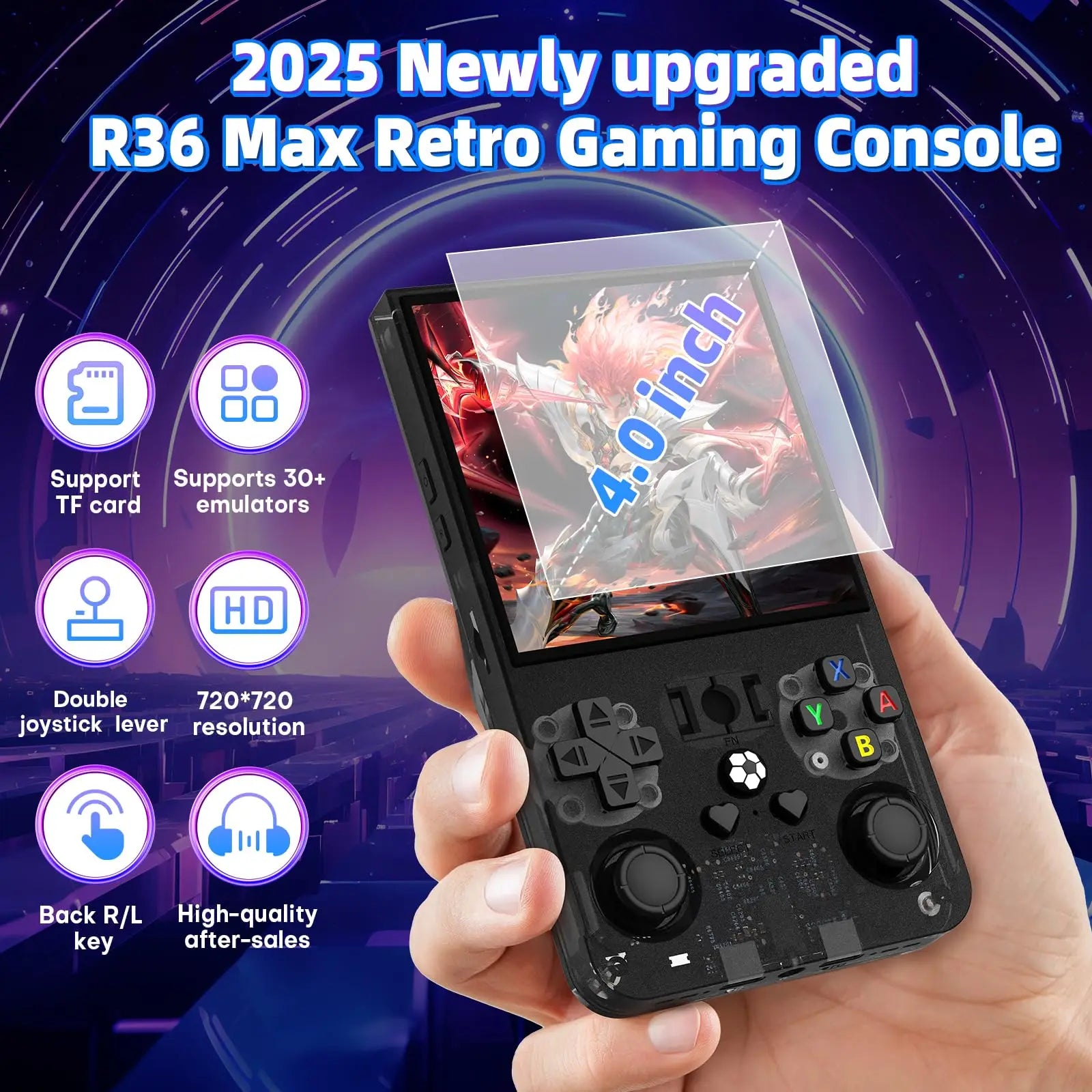 R36MAX Retro Handheld Game Console - 64GB Built-in 18000+ Games, 4.0 Inch IPS Screen, Linux System, 4000mAh Battery, Portable Vi