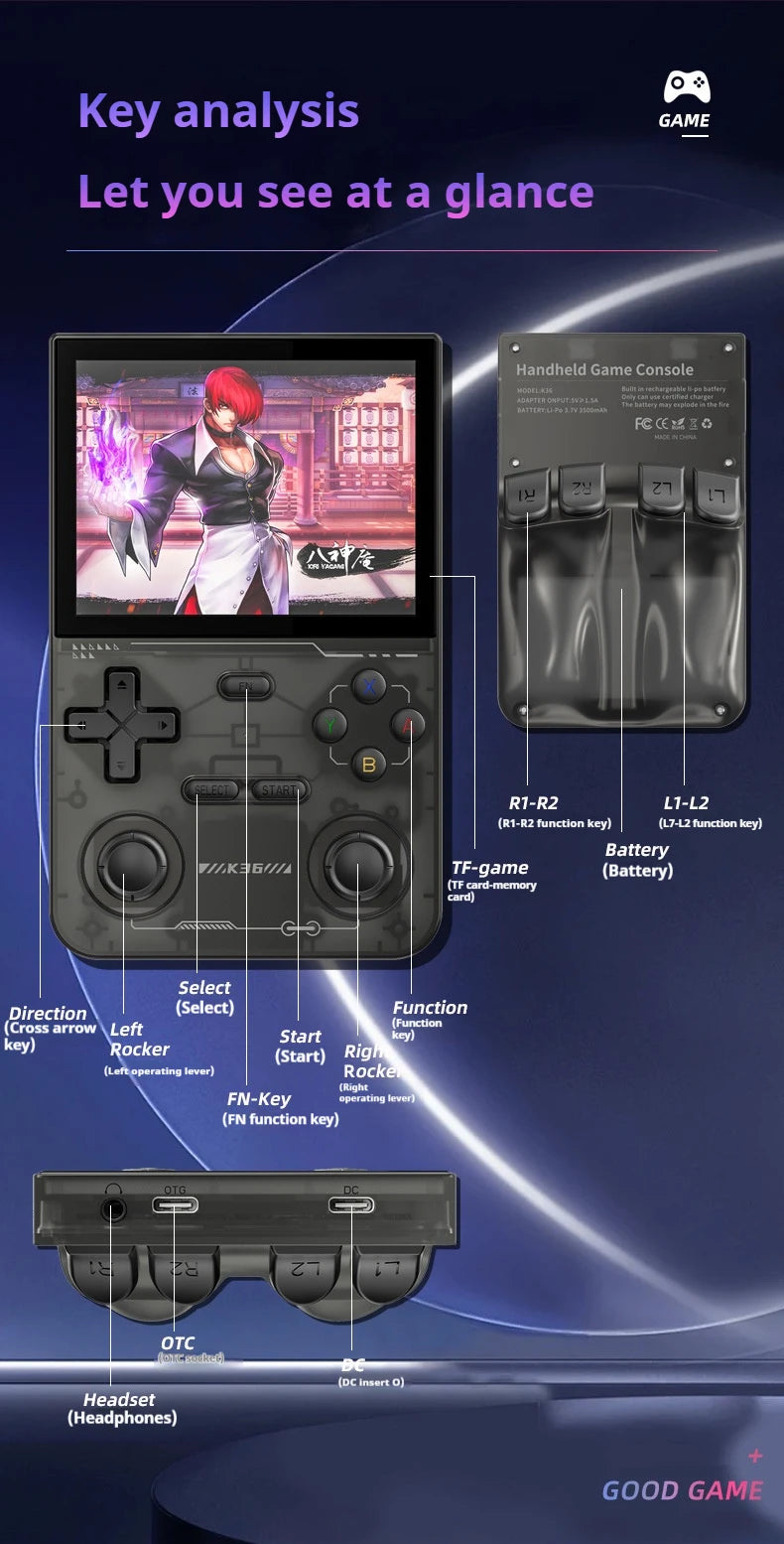 Hot Sale K36 64G Built in 16000+ Games, 3.5-inch Screen Linux System Portable Retro Game Console Pocket Video Player