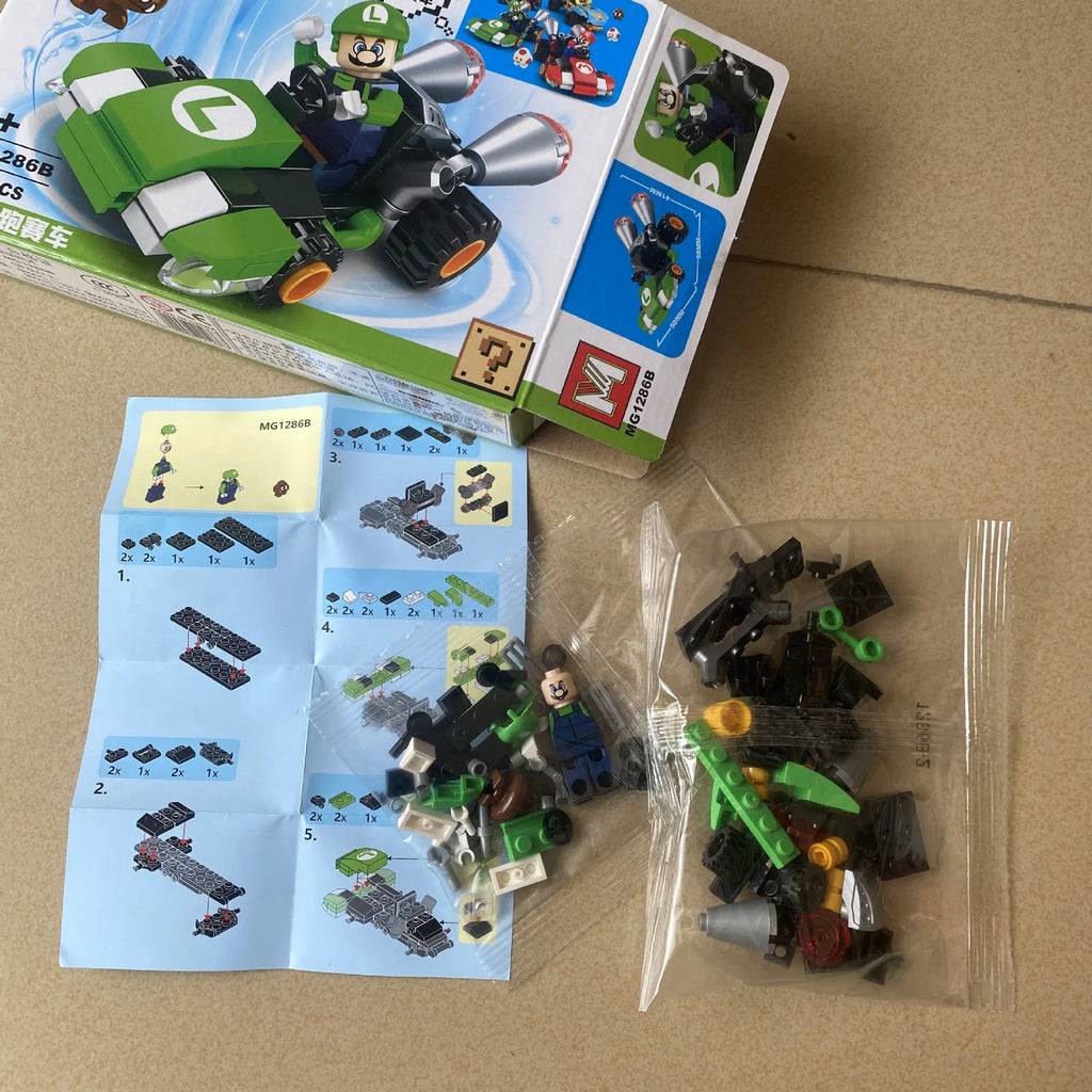 Super Mario Bros Building Block Karting Luigi Bowser Princess Peach Yoshi Toad Figure Toys Pull Back Car Game Doll Kids Gifts