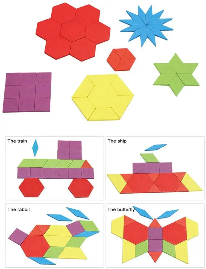155 Pcs Wooden Pattern Blocks Set Geometric Shape Puzzle Kindergarten Classic Educational Montessori Tangram Toys for Kids