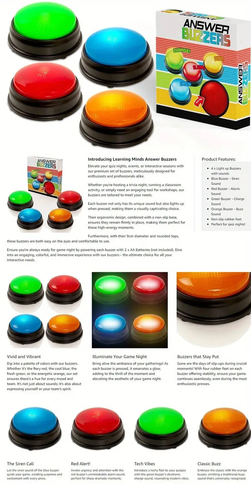 Answer Buzzers for Game Shows 4pcs Game Buzzers with Lights & Sounds Buzz Buttons for Kids or Adults Perfect for Classroom Game