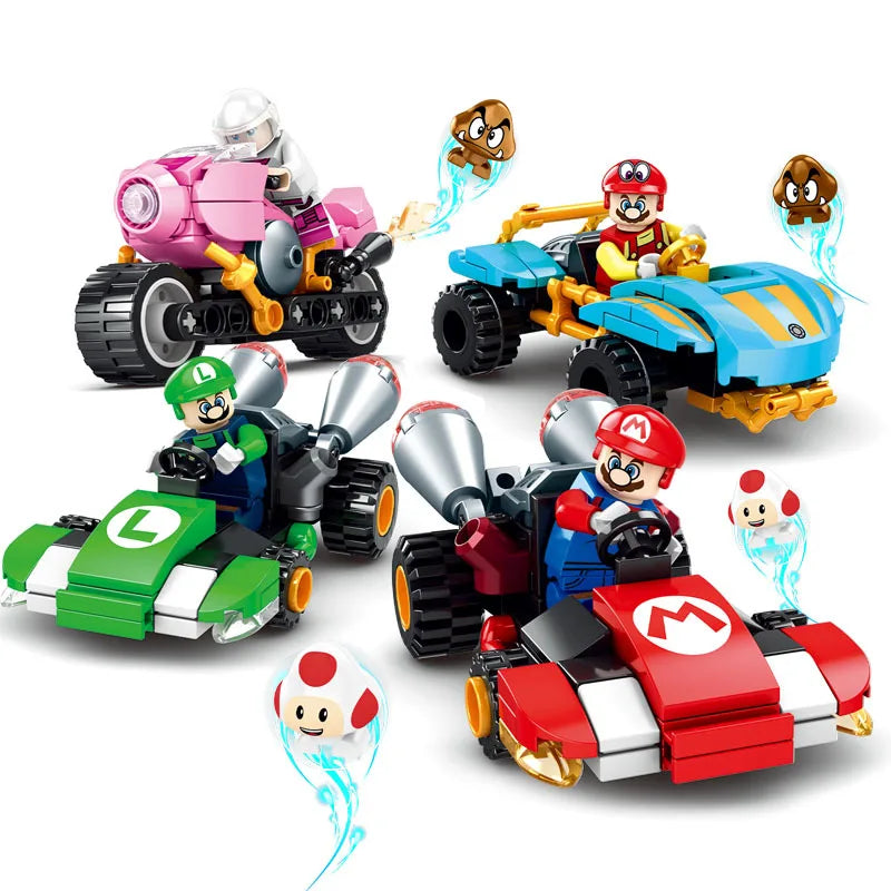 Super Mario Bros Building Block Karting Luigi Bowser Princess Peach Yoshi Toad Figure Toys Pull Back Car Game Doll Kids Gifts