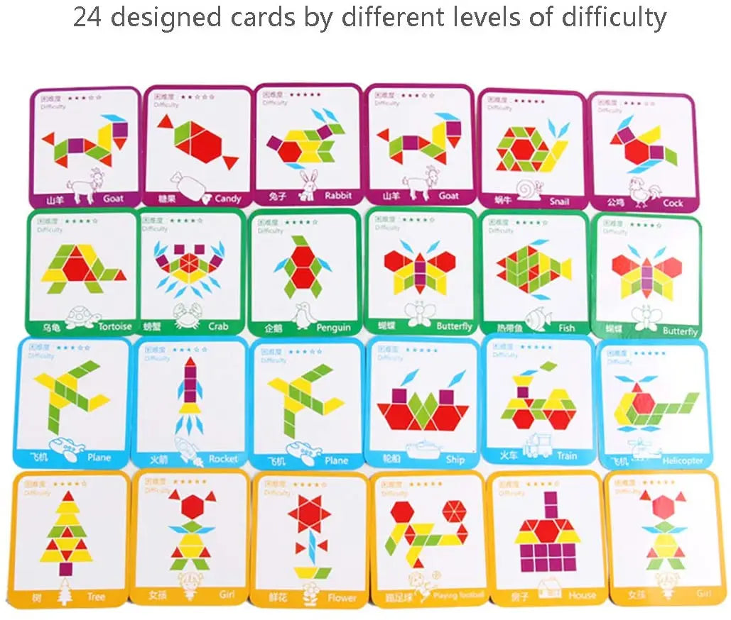 155 Pcs Wooden Pattern Blocks Set Geometric Shape Puzzle Kindergarten Classic Educational Montessori Tangram Toys for Kids