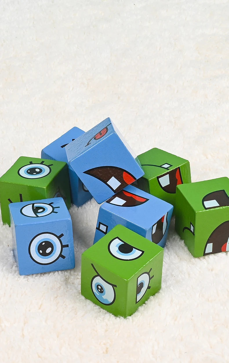 Cube Face Change Building Blocks Board Game Wood Puzzle Montessori Expression Wooden Blocks Blocos For Children Kids Toys Gift