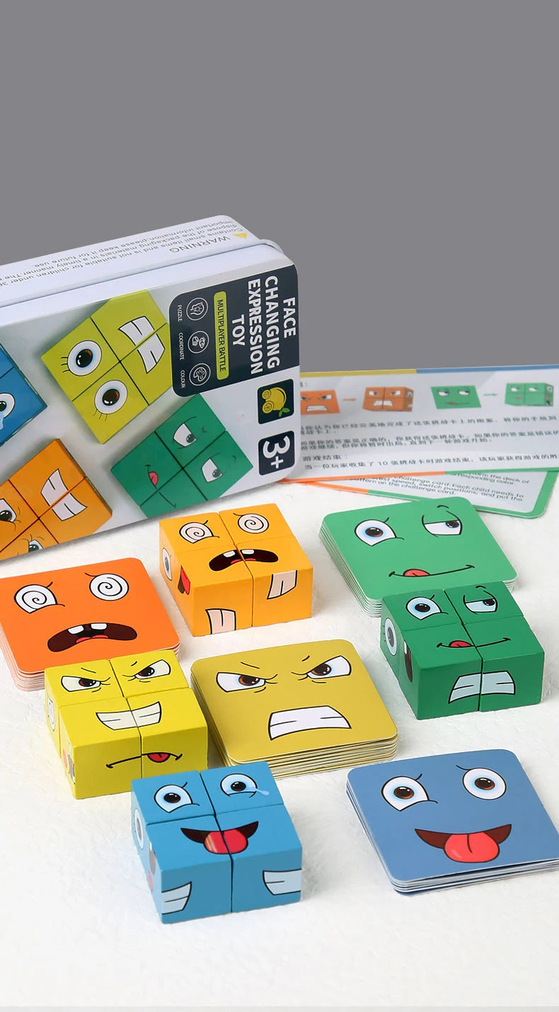 Cube Face Change Building Blocks Board Game Wood Puzzle Montessori Expression Wooden Blocks Blocos For Children Kids Toys Gift