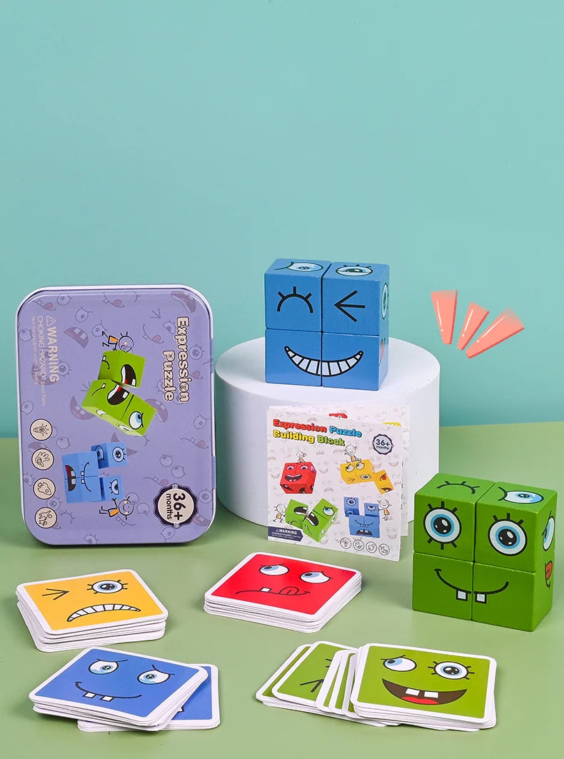 Cube Face Change Building Blocks Board Game Wood Puzzle Montessori Expression Wooden Blocks Blocos For Children Kids Toys Gift