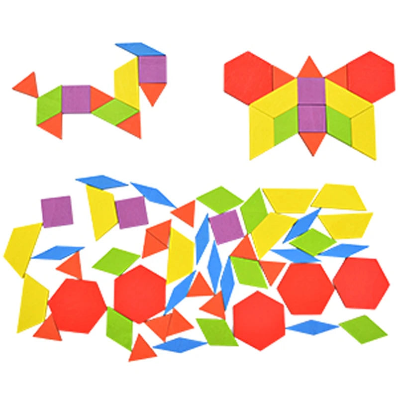 155 Pcs Wooden Pattern Blocks Set Geometric Shape Puzzle Kindergarten Classic Educational Montessori Tangram Toys for Kids