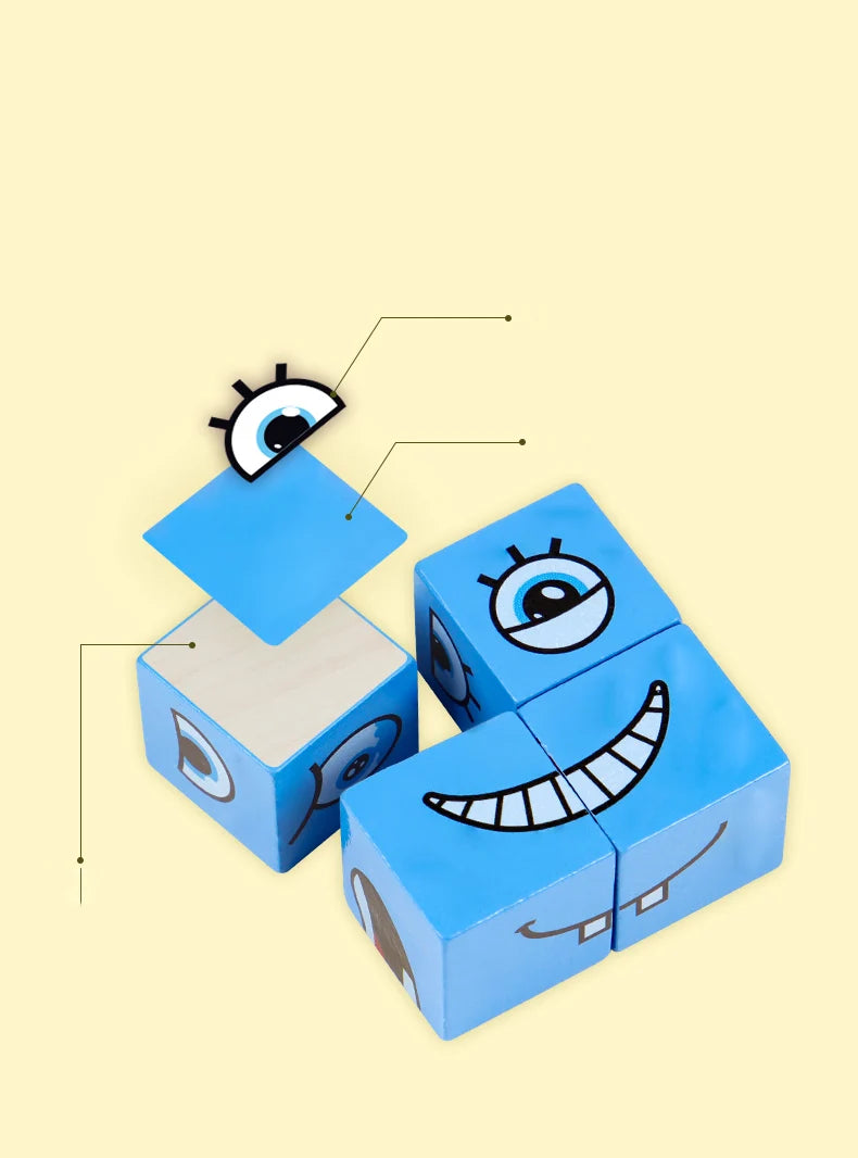 Cube Face Change Building Blocks Board Game Wood Puzzle Montessori Expression Wooden Blocks Blocos For Children Kids Toys Gift