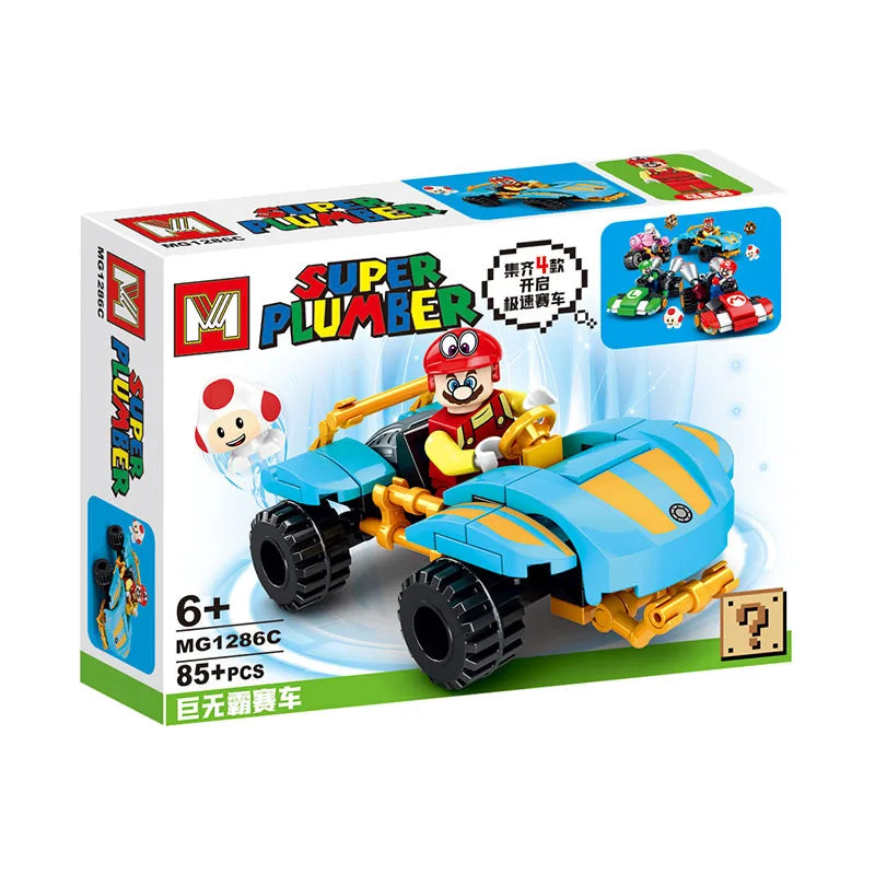 Super Mario Bros Building Block Karting Luigi Bowser Princess Peach Yoshi Toad Figure Toys Pull Back Car Game Doll Kids Gifts