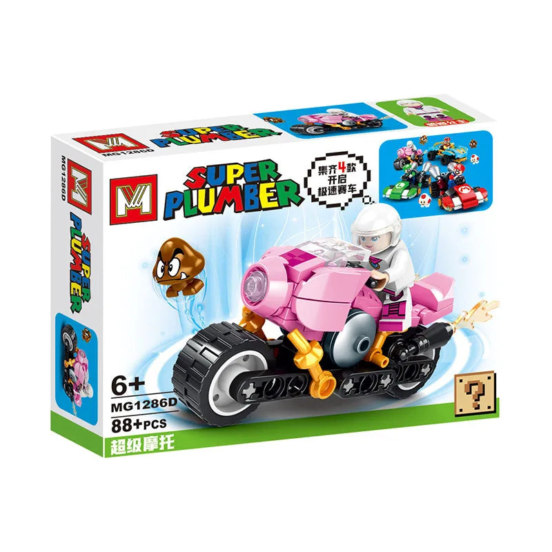 Super Mario Bros Building Block Karting Luigi Bowser Princess Peach Yoshi Toad Figure Toys Pull Back Car Game Doll Kids Gifts