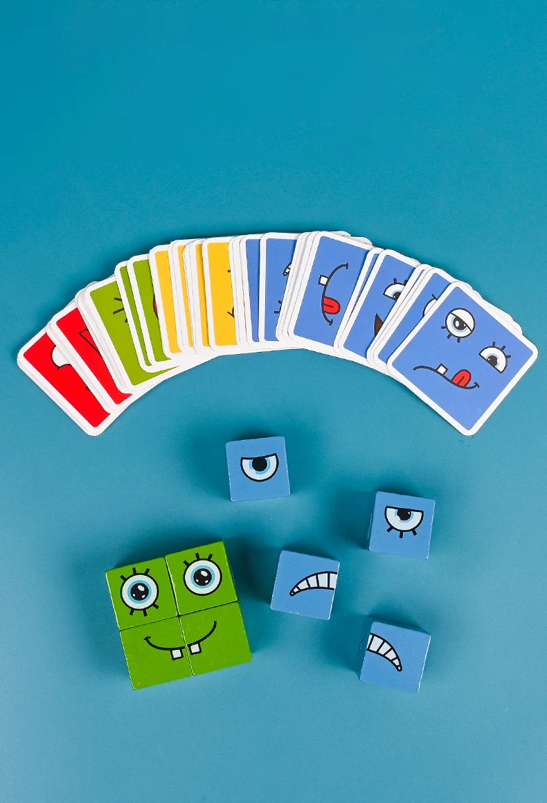 Cube Face Change Building Blocks Board Game Wood Puzzle Montessori Expression Wooden Blocks Blocos For Children Kids Toys Gift
