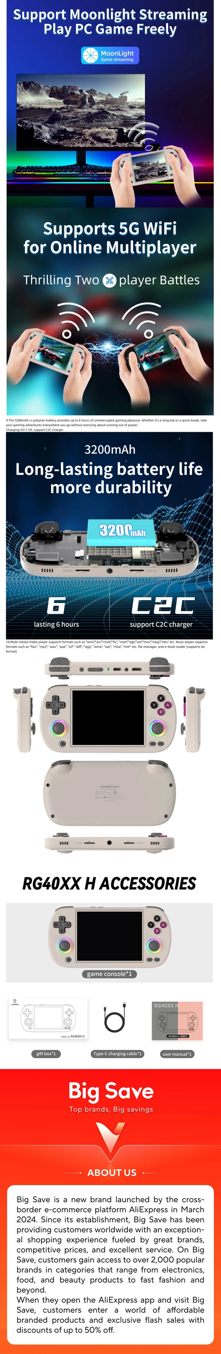 ANBERNIC RG40XX H 64 Bit Linux Retro Handheld Game Console 4.0'' IPS Screen Supports 5G WiFi Bluetooth HDMI-TV Output RG40XXH
