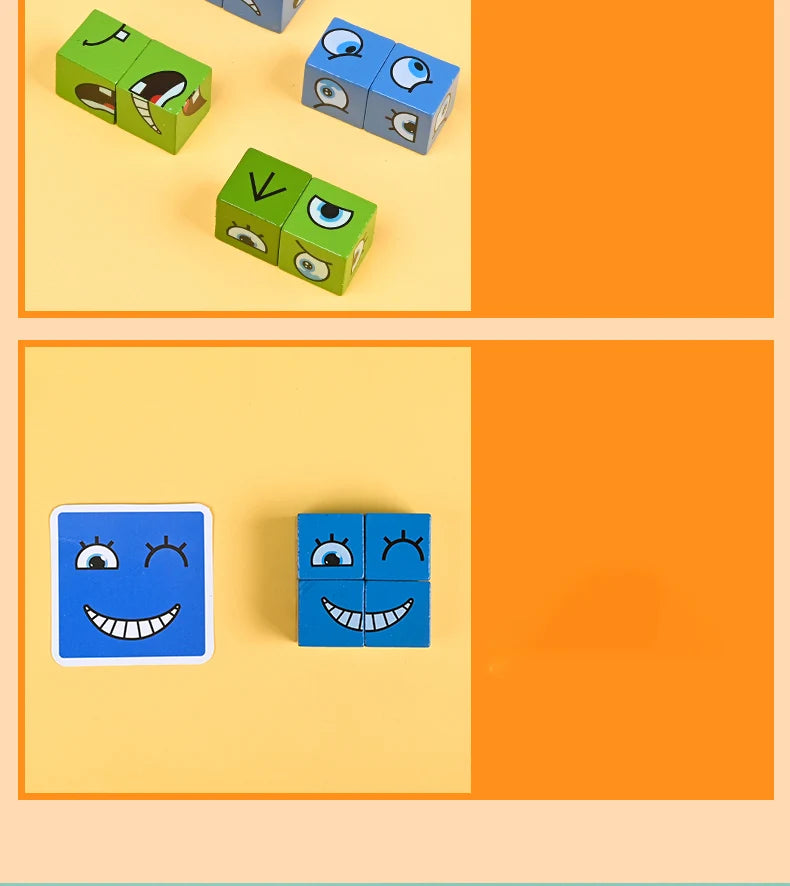 Cube Face Change Building Blocks Board Game Wood Puzzle Montessori Expression Wooden Blocks Blocos For Children Kids Toys Gift