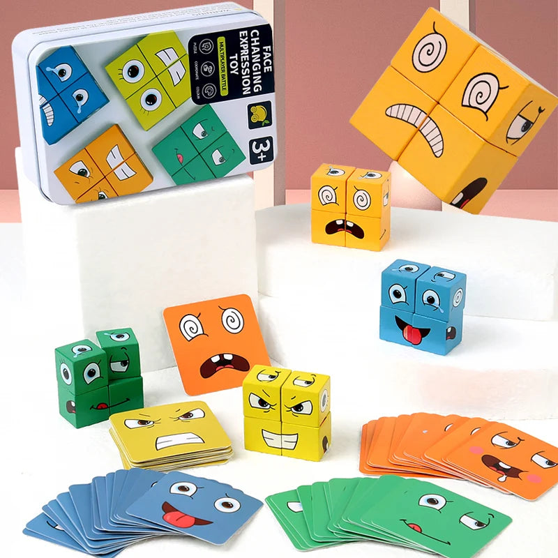 Cube Face Change Building Blocks Board Game Wood Puzzle Montessori Expression Wooden Blocks Blocos For Children Kids Toys Gift