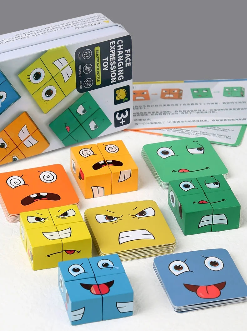 Cube Face Change Building Blocks Board Game Wood Puzzle Montessori Expression Wooden Blocks Blocos For Children Kids Toys Gift