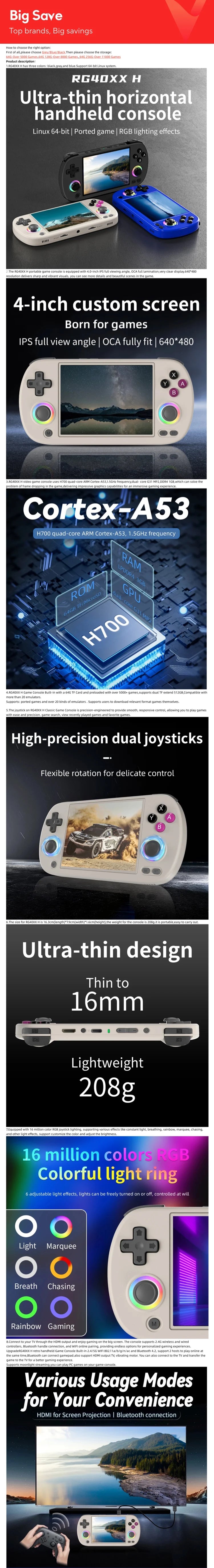 ANBERNIC RG40XX H 64 Bit Linux Retro Handheld Game Console 4.0'' IPS Screen Supports 5G WiFi Bluetooth HDMI-TV Output RG40XXH