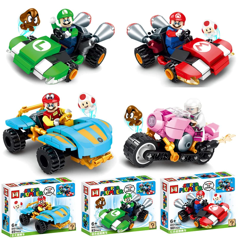 Super Mario Bros Building Block Karting Luigi Bowser Princess Peach Yoshi Toad Figure Toys Pull Back Car Game Doll Kids Gifts