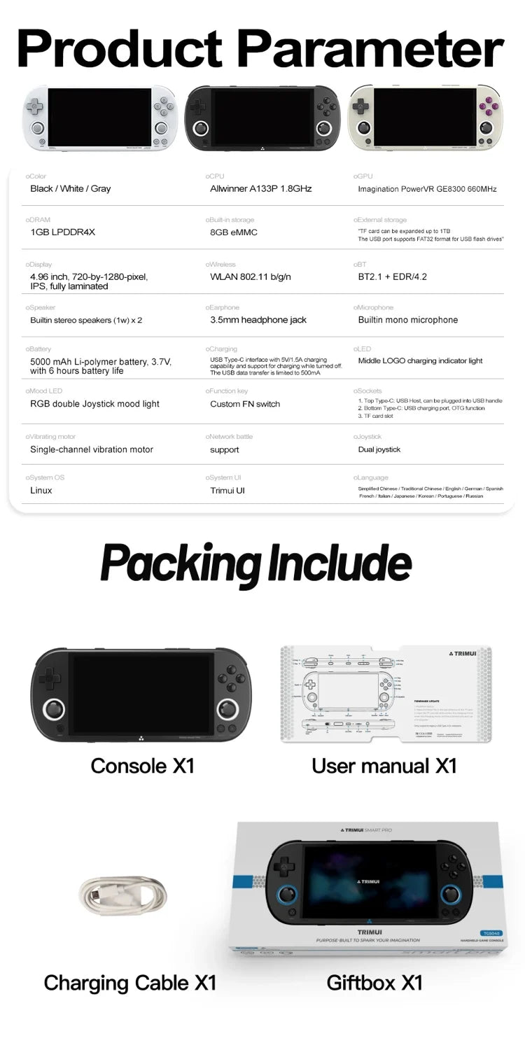 Trimui Smart Pro Handheld Game Console 4.96''IPS Screen Linux System Joystick RGB Lighting Smartpro Retro Video Game Player Gift