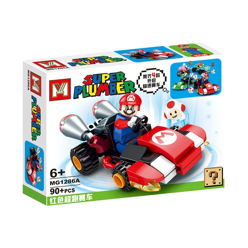 Super Mario Bros Building Block Karting Luigi Bowser Princess Peach Yoshi Toad Figure Toys Pull Back Car Game Doll Kids Gifts