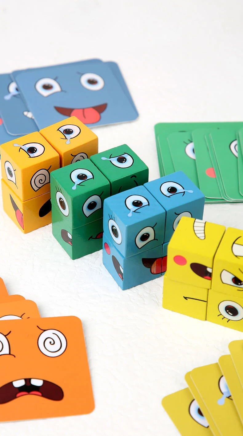 Cube Face Change Building Blocks Board Game Wood Puzzle Montessori Expression Wooden Blocks Blocos For Children Kids Toys Gift