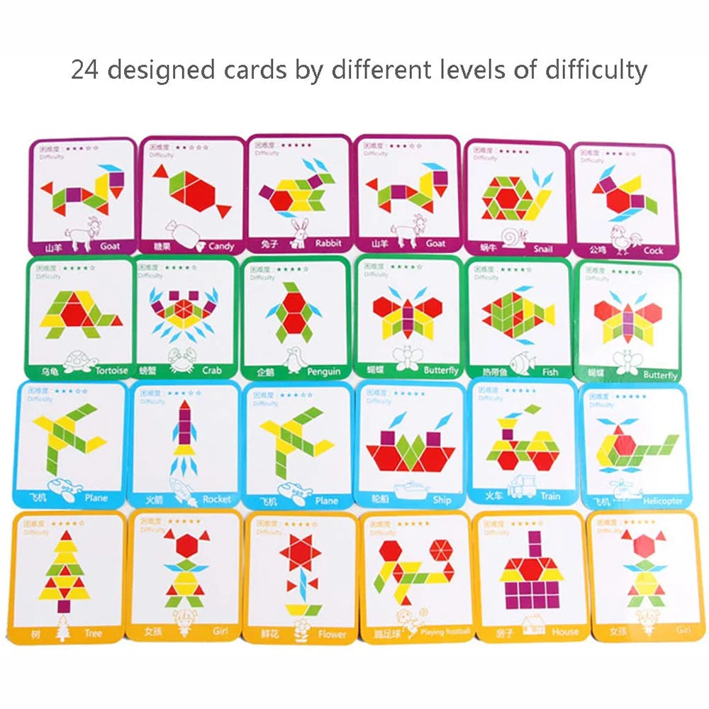 155 Pcs Wooden Pattern Blocks Set Geometric Shape Puzzle Kindergarten Classic Educational Montessori Tangram Toys for Kids