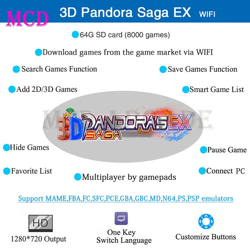 Retro Arcade 3D Pandora's Box EX WIFI8000 10888 in 1 Save Function Multiplayer Support Add Game 4 Players for Gaming Cabinet