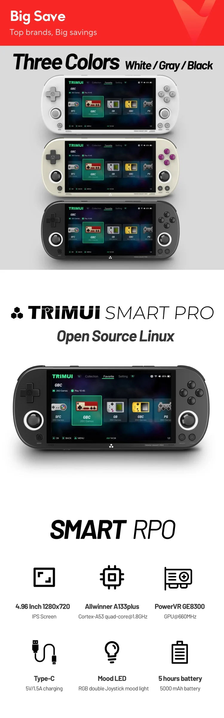 Trimui Smart Pro Handheld Game Console 4.96''IPS Screen Linux System Joystick RGB Lighting Smartpro Retro Video Game Player Gift