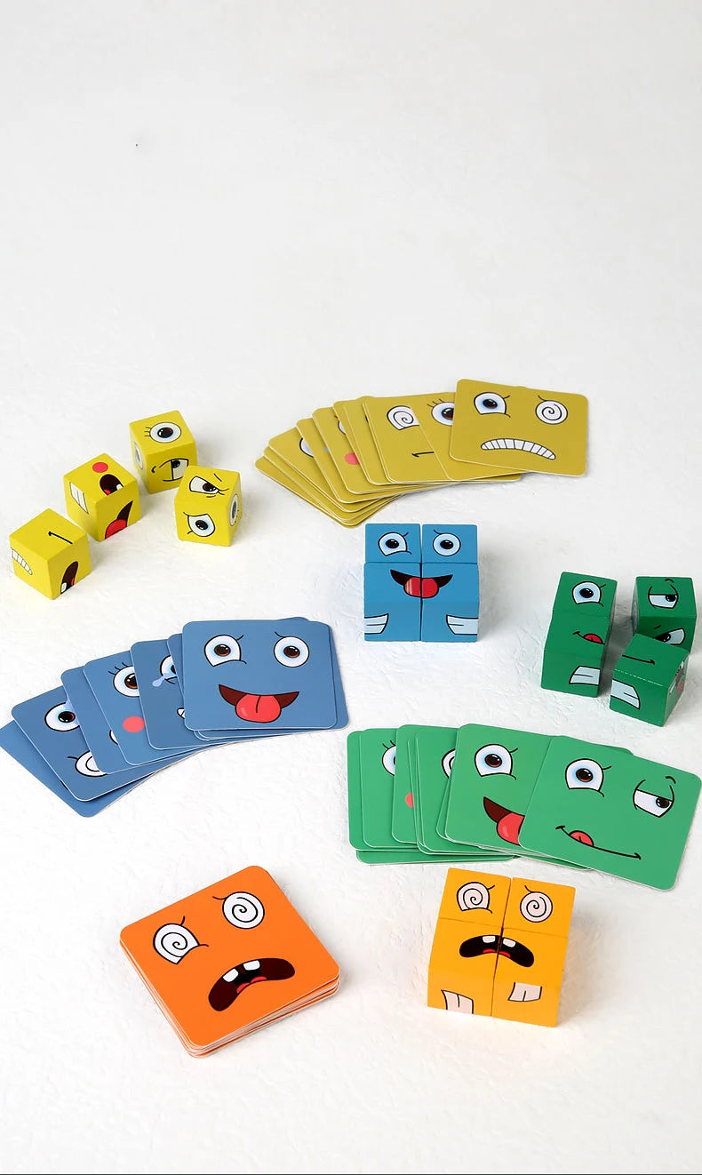 Cube Face Change Building Blocks Board Game Wood Puzzle Montessori Expression Wooden Blocks Blocos For Children Kids Toys Gift