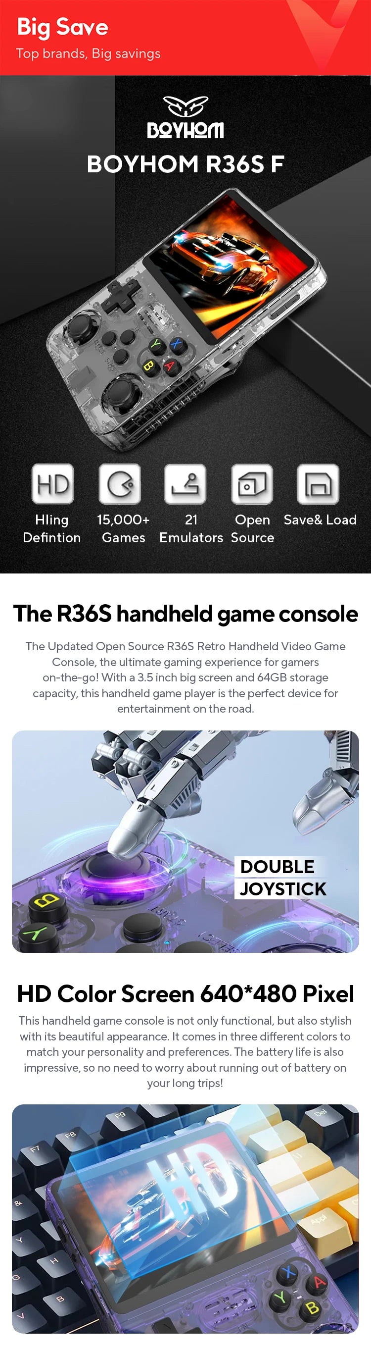 Open Source R36S Retro Handheld Video Game Console Linux System 3.5 Inch IPS Screen Portable Pocket Video Player R35S 64GB Games
